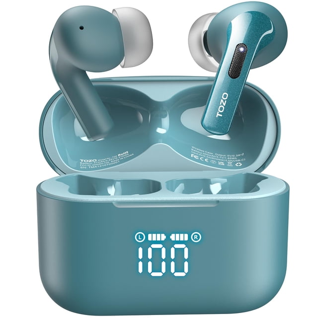 TOZO T20 Wireless Earbuds Bluetooth Headphones 48.5 Hrs Playtime with LED Digital Display, IPX8 Waterproof, Dual Mic Call Noise Cancelling 10mm Broad Range Speakers with Wireless Charging Case Green