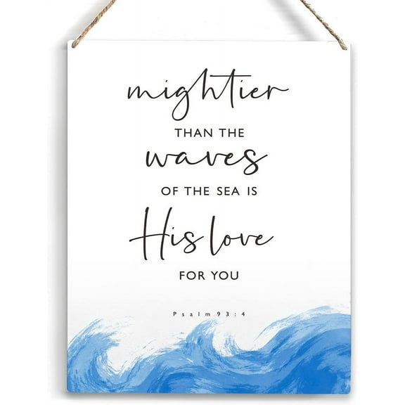 Mightier than the Waves Bible Verse Wood Sign Rustic Psalm 934 Watercolour Wave Wooden Hanging Plaque for Home Boy Bedroom Wall Art Decoration 8x10 Inch Present