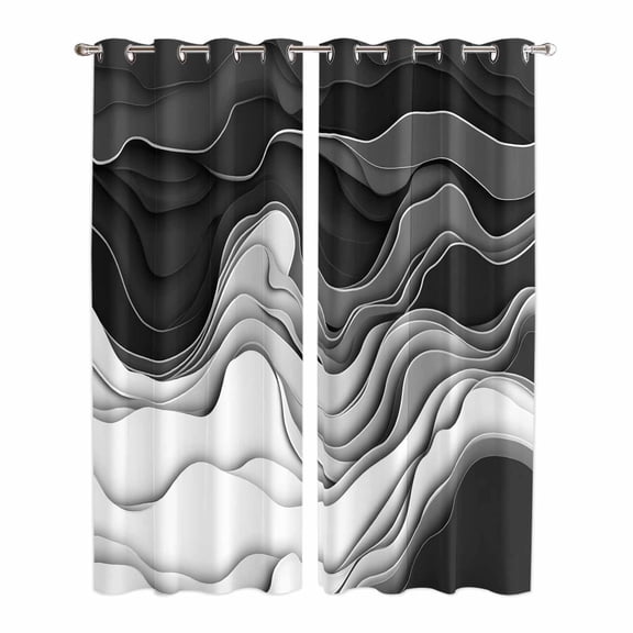 Black Grey Ombre Kitchen Curtains 96 Inch Length, Abstract Modern Geometric Moire Art Grommet Top Bedroom Living Room Curtains, Light Filtering Cafe Curtain Drapes 2 Panels Set 104''x96''