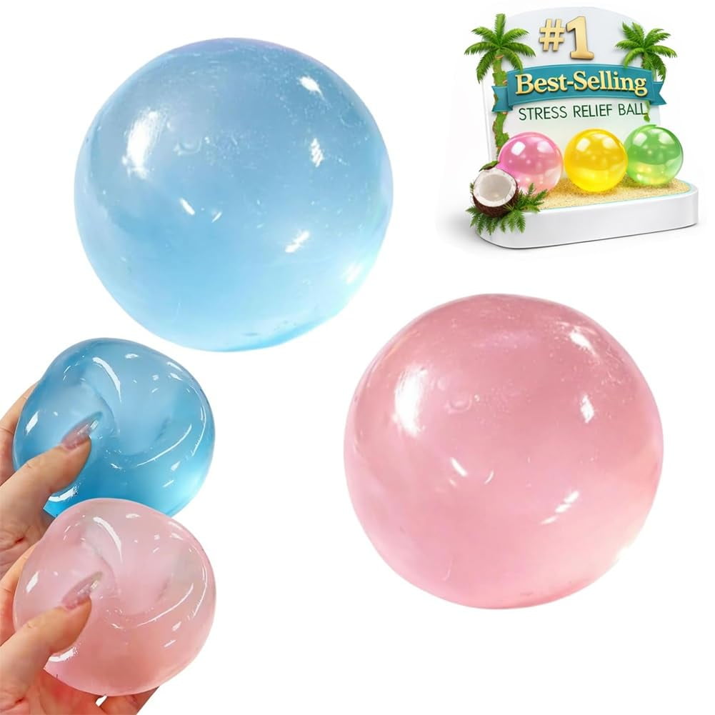 2PCS Stress Relief Balls Clear Blue Pink Coconut Oil Squeeze with Slow Rise Texture, Soft Malleable Portable Squishy Set