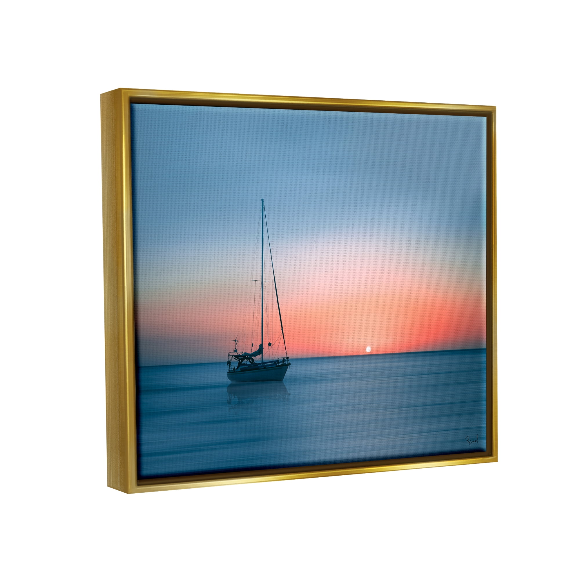 Stupell Industries Boat on Sunset Horizon Transportation Photography Gold Floater Framed Canvas Art Print Wall Art, 21 x 17