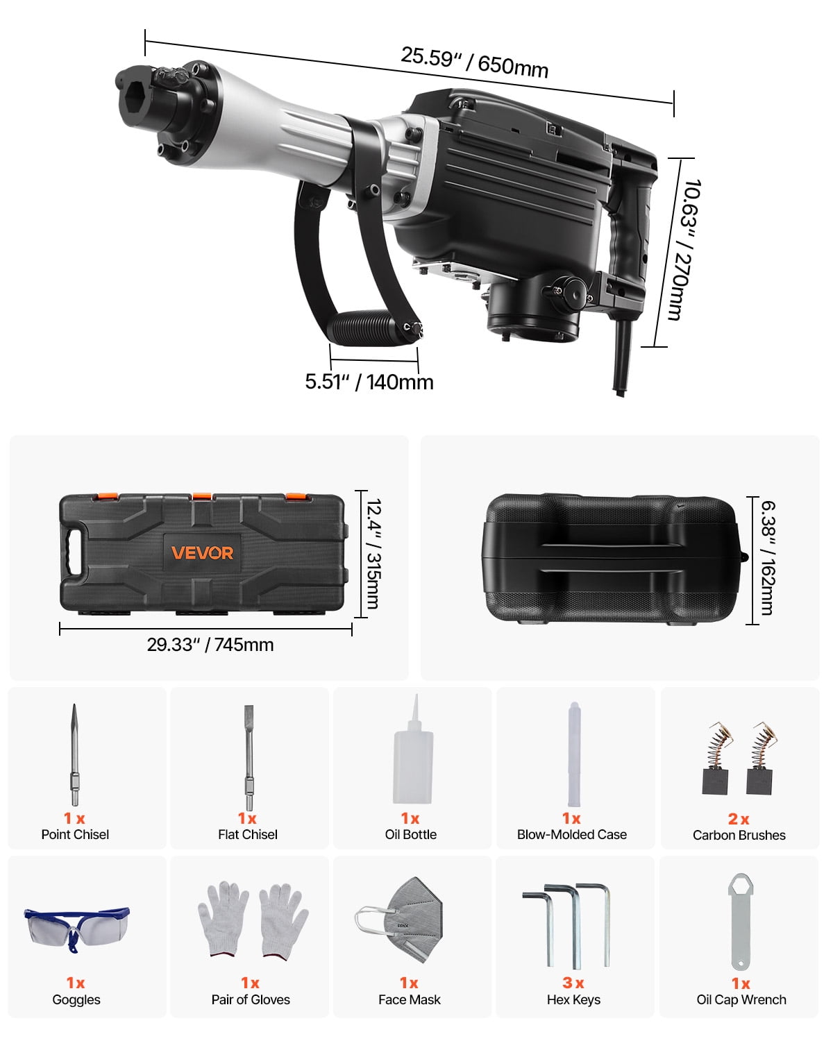 VEVOR Demolition Jack Hammer, 2800 W Powerful Electric Jackhammer, 1200 BPM Concrete Breaker with a Point Chisel, a Flat Chisel, Carrying Case, Gloves, for Concrete, Wall, Brick, Tile and Foundation