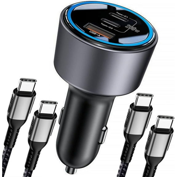 200W Car Charger, USB C Car Charger PD3.0 QC4.0 PPS Fast Charging Car Adapter with 2 100W USB C Cable 3 Port Type C Cigarette Lighter for Dell XPS, MacBook, iPhone 16 15 14, Galaxy S24 Ultra