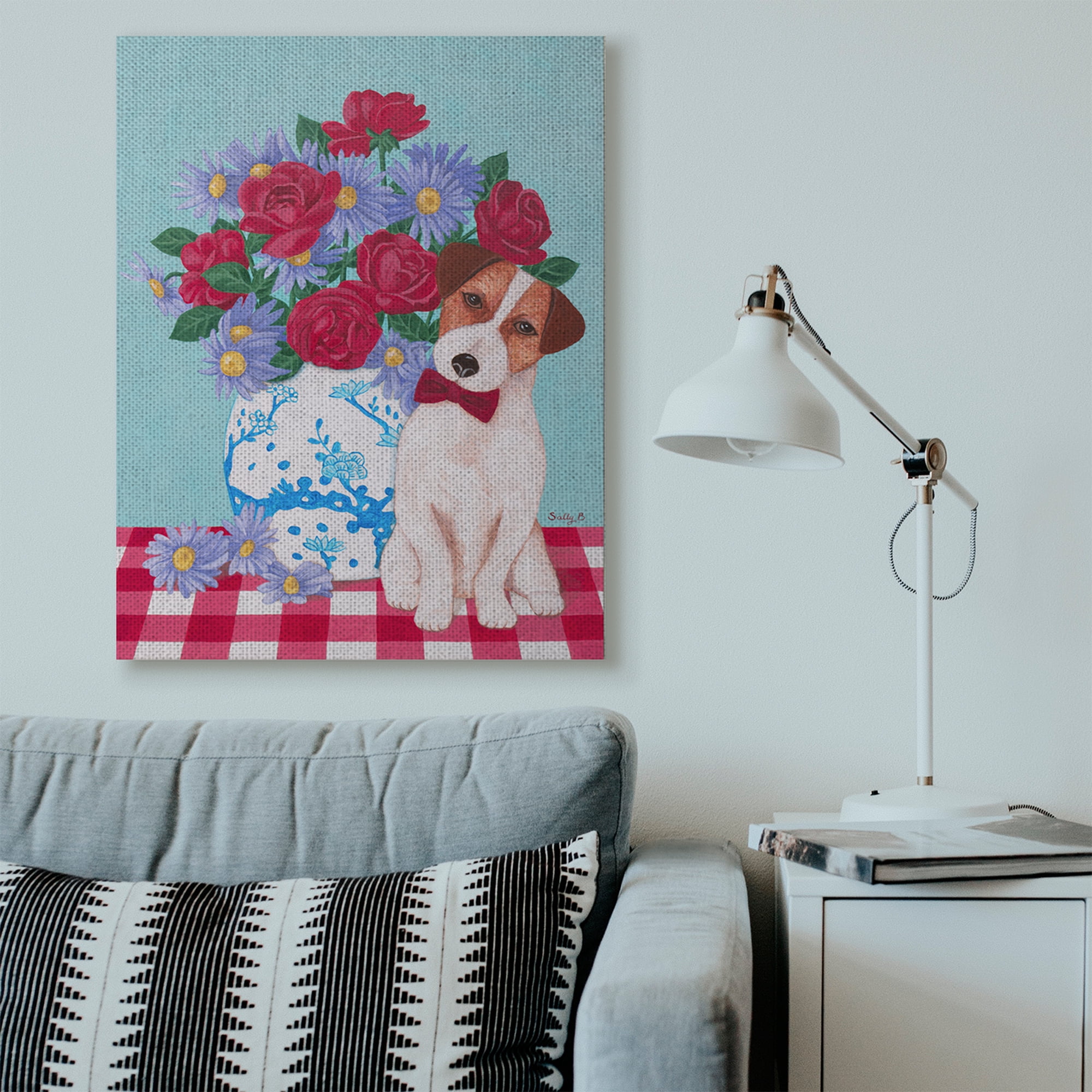 Stupell Home Décor Flower Vase with Dog Red Blue Animal Pet Painting Canvas Wall Art by Sally B