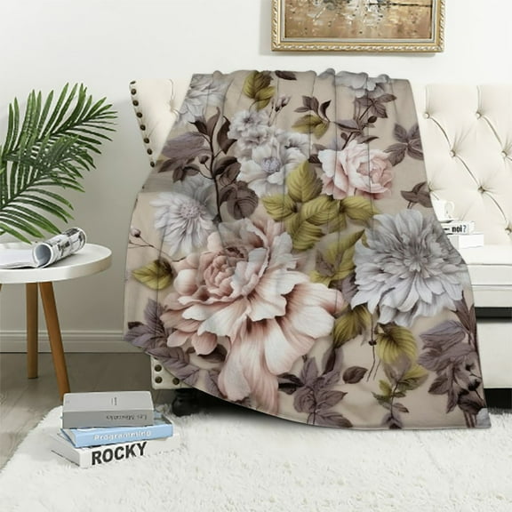 ARISTURING Flowers Throw Blanket Vintage Floral Blossom Botanical Spring Cosy Throw Blanket for Bedroom Sofa Couch Car Deck Chair Soft Flannel