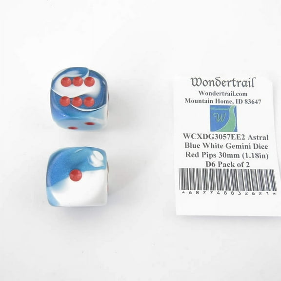 Astral Blue and White Gemini Dice with Red Pips 30mm (1.18in) D6 Pack of 2 Wondertrail