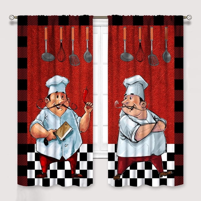 Chef Kitchen Curtain for Window, Fat Chef Cook Theme Kitchen Curtains for Bedroom Living Room, Red Black Buffalo Check Plaid Kitchen Drape 2 Panel Set, 55x63 Inch