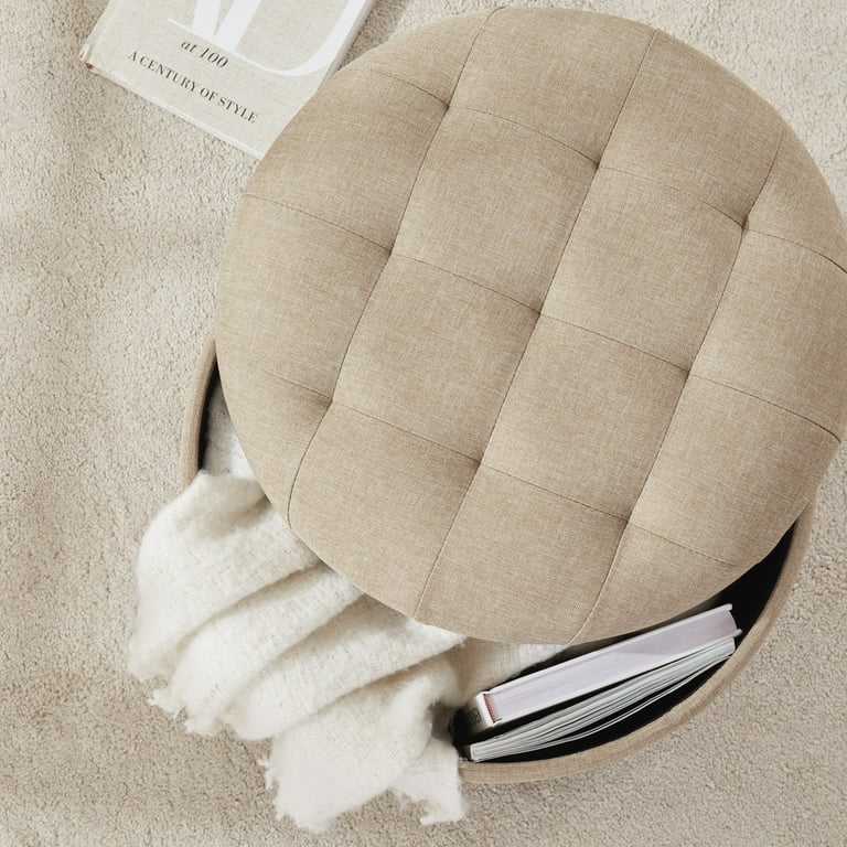 Ornavo Home Round Linen Storage Ottoman, Tufted Design, Cushioned