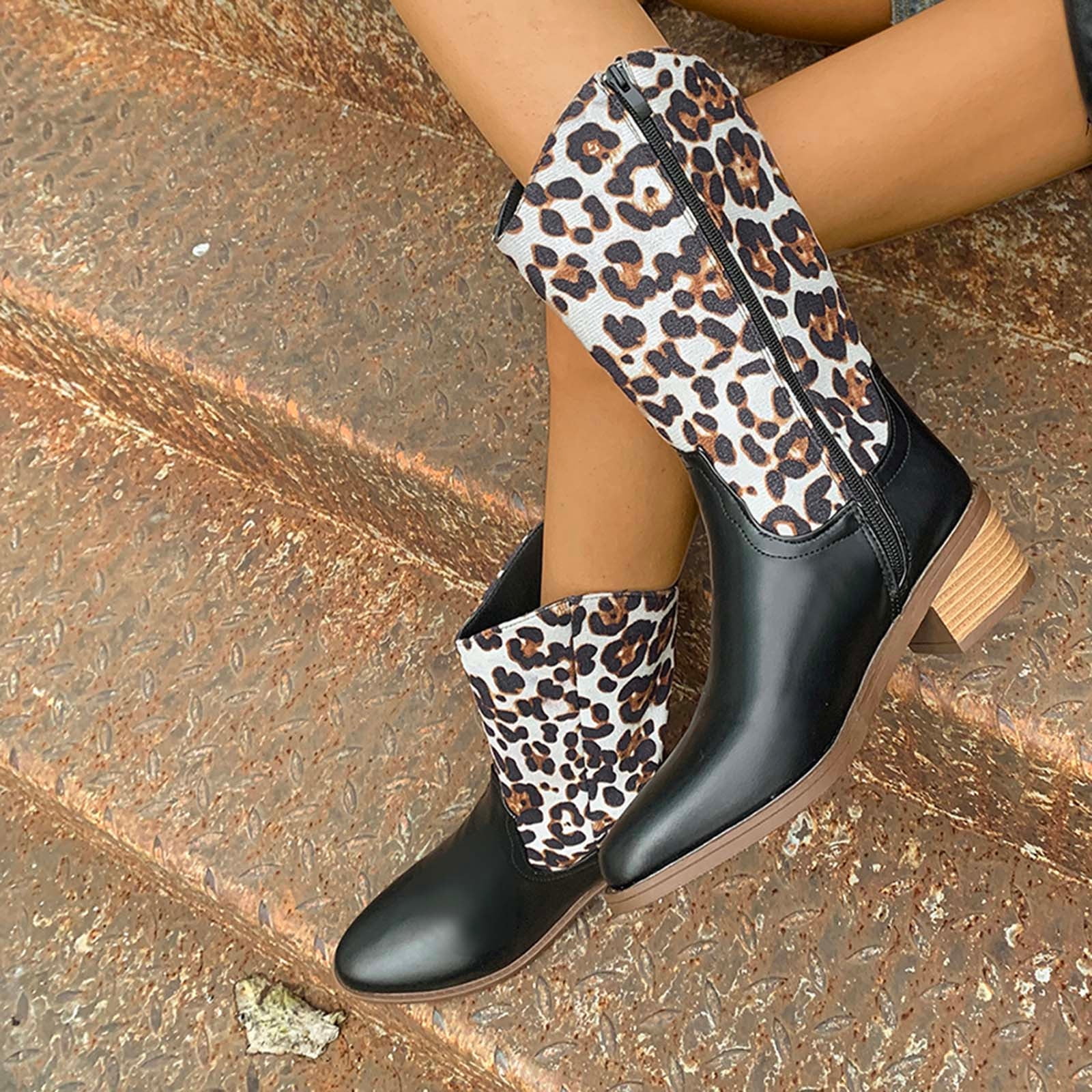 POROPL Womens Black Boots Knee High Winter Mid Heel Knee High Side Zipper Leopard Print Boots for Lady Black Size 42(US:9)