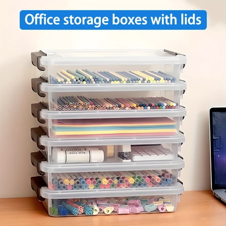 5pcs Storage File Boxes Plastic Storage Bins with Latching Lids Desk&Drawer Organizers for School Organizing Container for Home Office And Workshop Organization Stackable Clear Multi-purpose