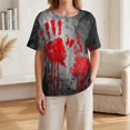 thumbnail image 5 of Women’s Halloween Handprint Graphic Henley Button Neck Short Sleeve Cotton Linen Shirt with Chest Pocket Casual Fit, 5 of 7
