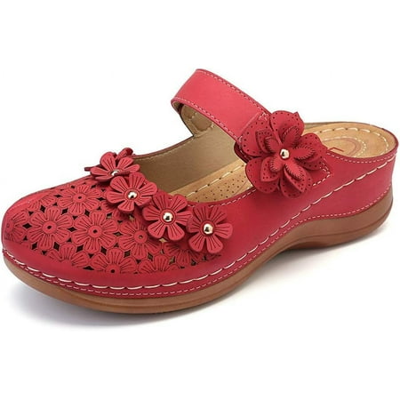 

Womens Slippers Sandals Summer Hole Shoes Vintage Wedges Floral Slides Sandals Ladies Flats Shoes Soft Casual Slip on Loafer Red 37