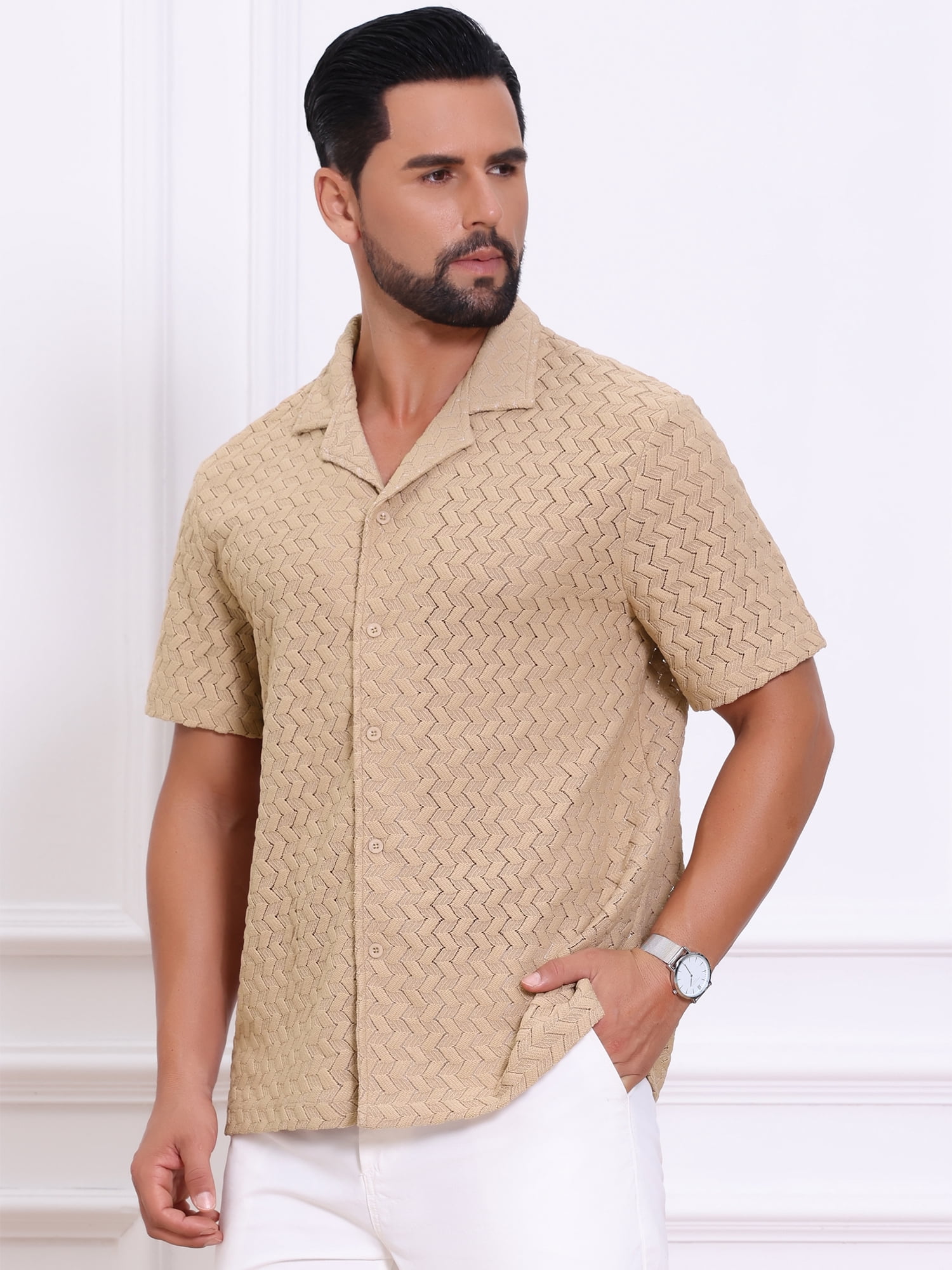 DARING DIVA Men's Hollow Jacquard Camp Collar Short Sleeve Beach Texture Shirts L Khaki
