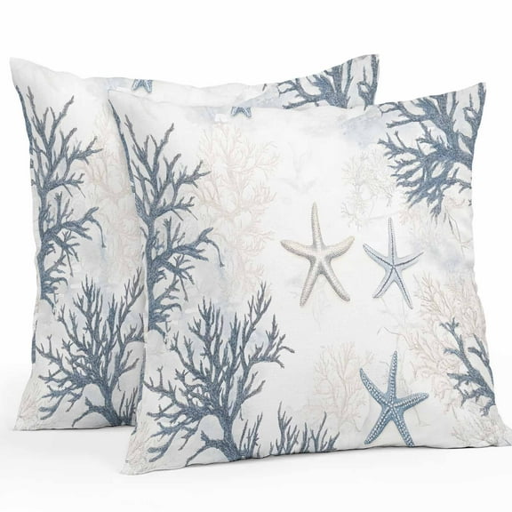 Waterproof Throw Pillow Covers Set of 2, 18x18 Inch Grey Coastal Decorative Pillowcases Outdoor Pillow Slip Cushion Covers Set for Couch Tent Summer Beach Starfish Coral Nautical