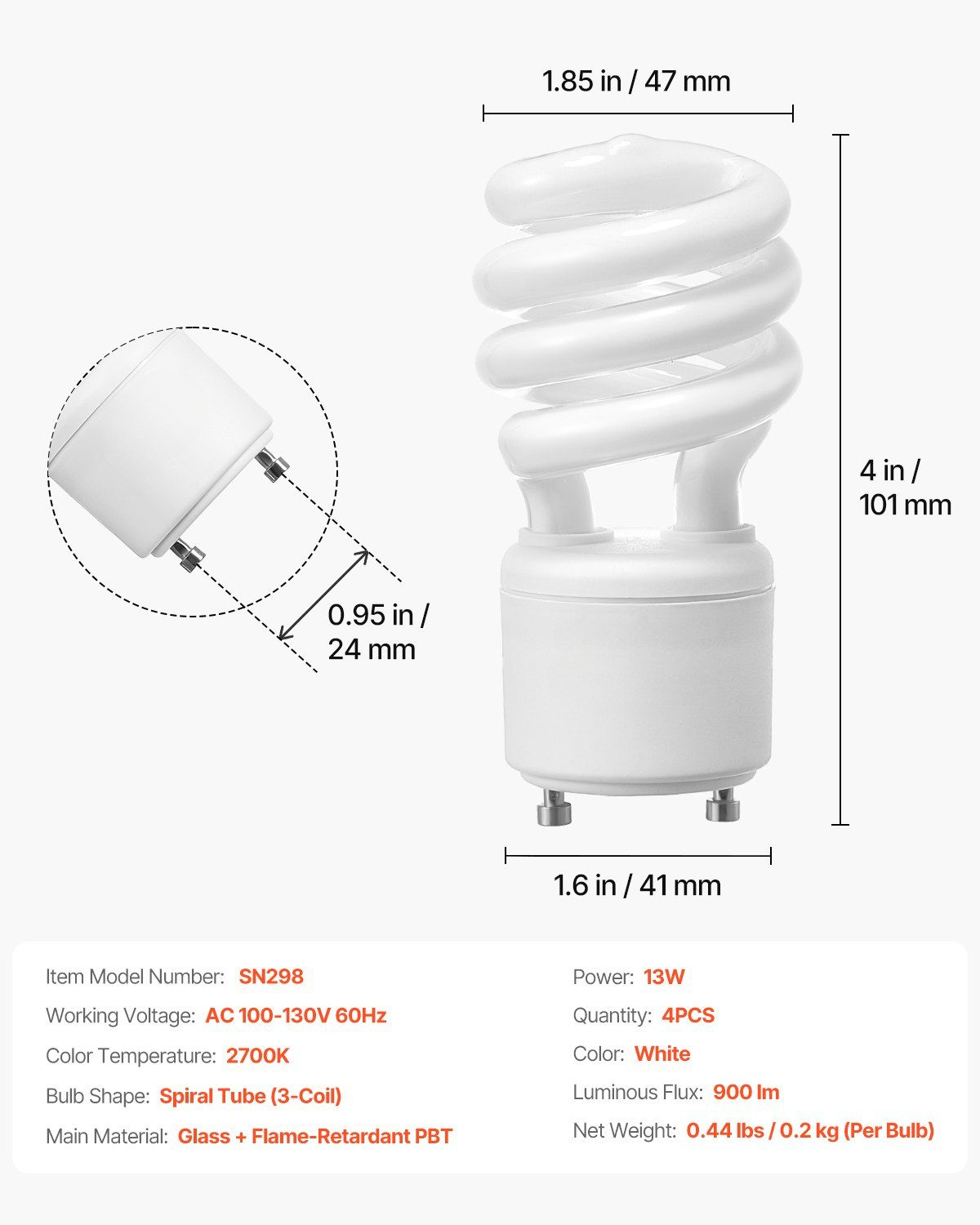4-Pack 13W CFL Light Bulbs - 60W Equivalent Soft White 2700K, Energy Saving Spiral Bulbs - Non-Dimmable Compact Fluorescent Lamp for Lamps, Ceiling Lights & Fixtures