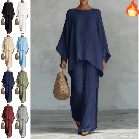 Mifsaly 2 Piece Sets for Women Summer Cotton Linen Matching Lounge Outfits Oversized Batwing Sleeve High Low Hem Tunic Top and Side Slit Wide Leg Pants L