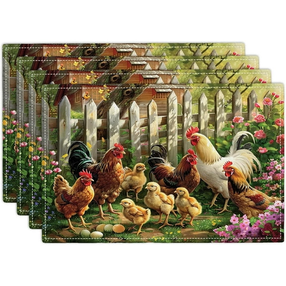 Farmhouse Rooster Placemats Set of 4 Hen and Chickens Imitation Linen Placemat Heat Resistant Dining Rustic Vintage Roosters Place Mats Table Mats for Kitchen Indoor Restaurants 12''x18''
