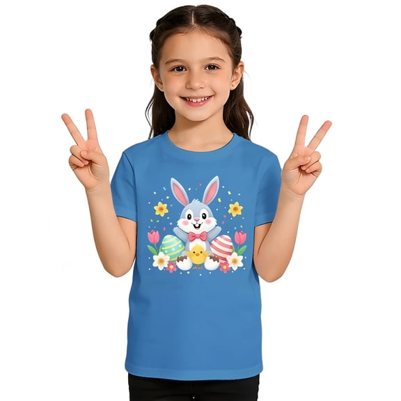 Easter Shirts for Boys and Girls Girls Tops Size 7-8 Short Sleeve Bunny Graphic Tee Casual Kids Tops for Summer(Size 6-7 Years,Blue)