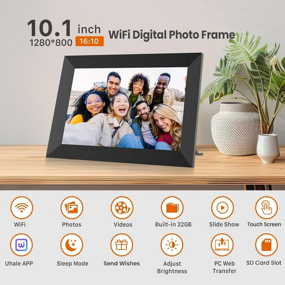 10.1-Inch Digital Picture Frame with WiFi, 32GB Storage, HD IPS Touchscreen, Auto Rotate, Slideshow & Remote Sharing