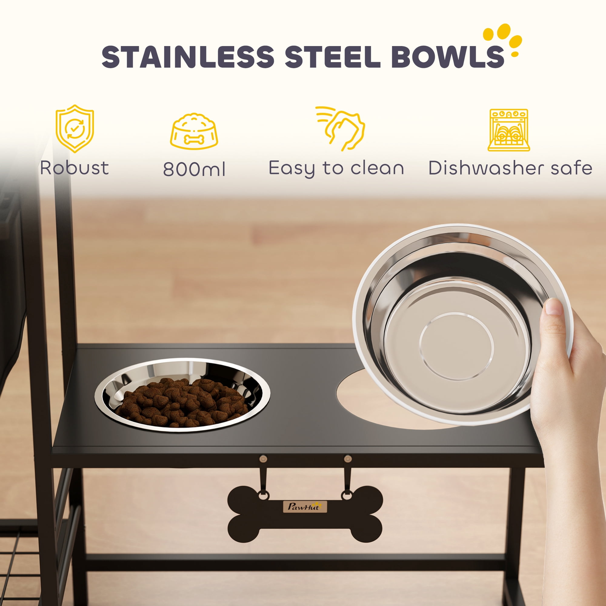 Dog Bowl Stand with 2 Feeding Stations, 3 Height Adjustable Elevated Dog Bowls with Toy Bin Basket, Lifted Food and Water Bowl, Black