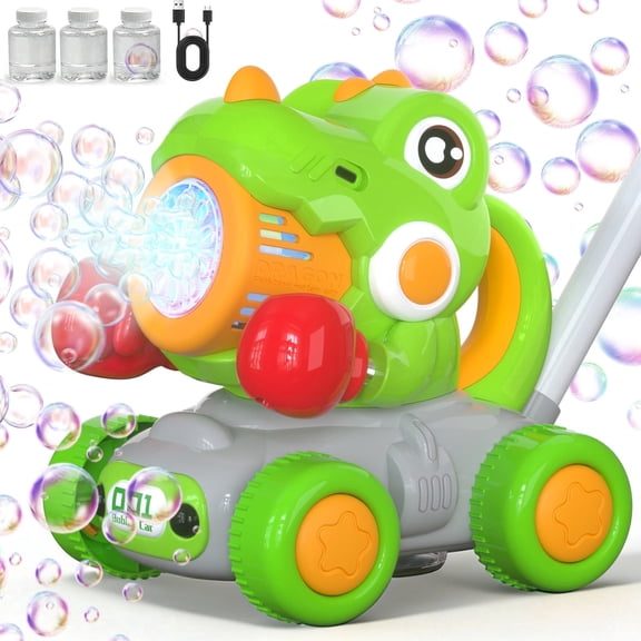 JoyStone Automatic Bubble Machine Toys for Toddlers, Push & Handheld Bubble Lawn Mower with Lights, Rechargeable Bubble Blower Toy for Kids Ages 3–6, Green