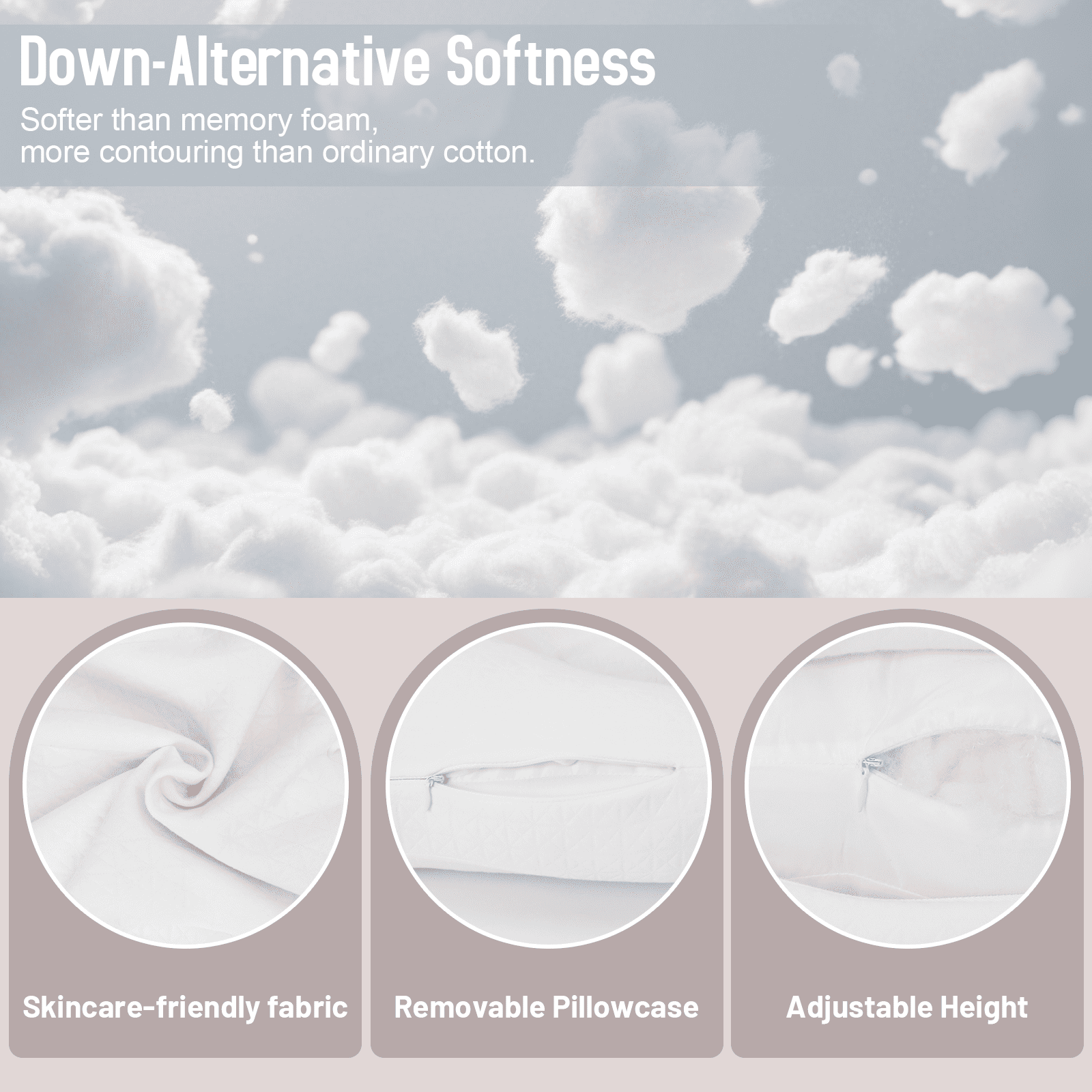 RoamReady Anti Wrinkle Side Sleeper Pillow, Adjustable Neck Support Pain Relief Beauty Pillow for Adults, White