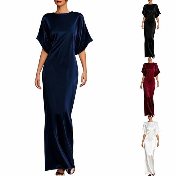 Levmjia Women's Satin Evening Dress Short Sleeve Maxi Dress Boat Neck A Line Formal Dress Flowy Cocktail Party Gown