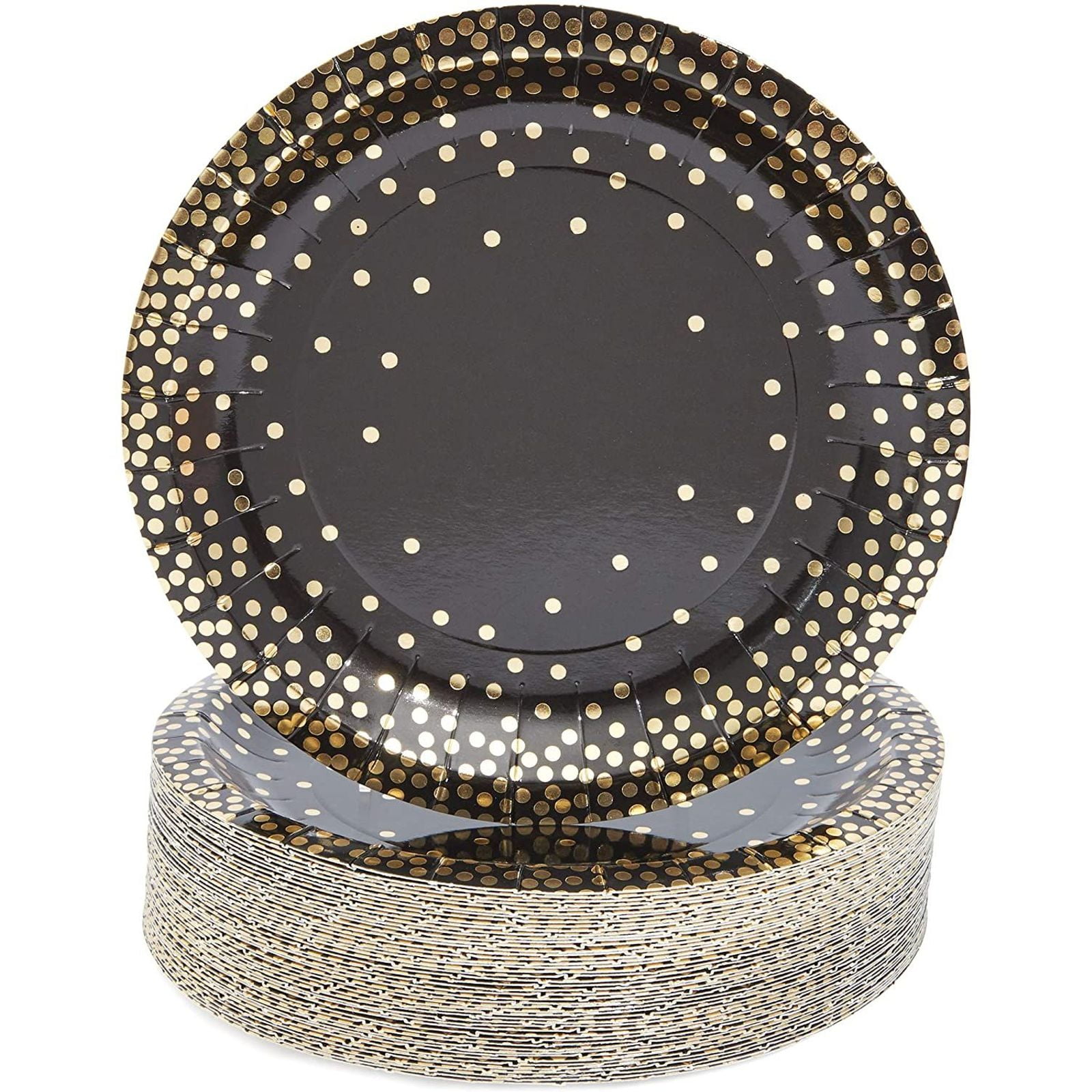 48 Pack Black and Gold Paper Plates, Foil Polka Dots Plate for Birthday, Wedding & Retirement Party Supplies Decorations, 7 in