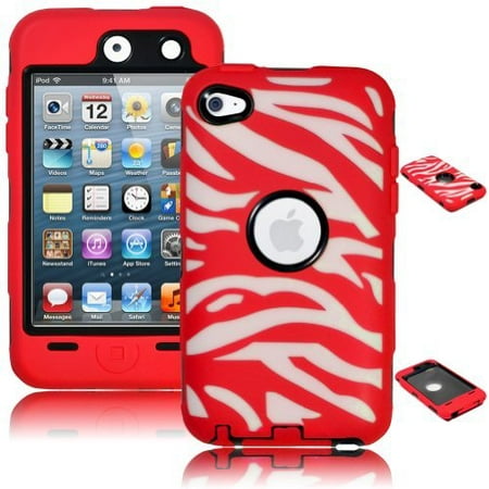 Black White Zebra Silicone iPod Touch 4 Case, Bastex Heavy Duty Hybrid Black Inner Case Red and White Zebra Design Outer Silicone Cover for Apple iPod Touch 4 ()