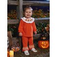 thumbnail image 5 of RUINIXCW Toddler Baby Girl Halloween Outfit Infant Baby Girls Fall Clothes Cute Pumpkin Ghost Embroidery Long Sleeve Babydoll Shirt Tops Ruffled Flare Pants Set, 5 of 9