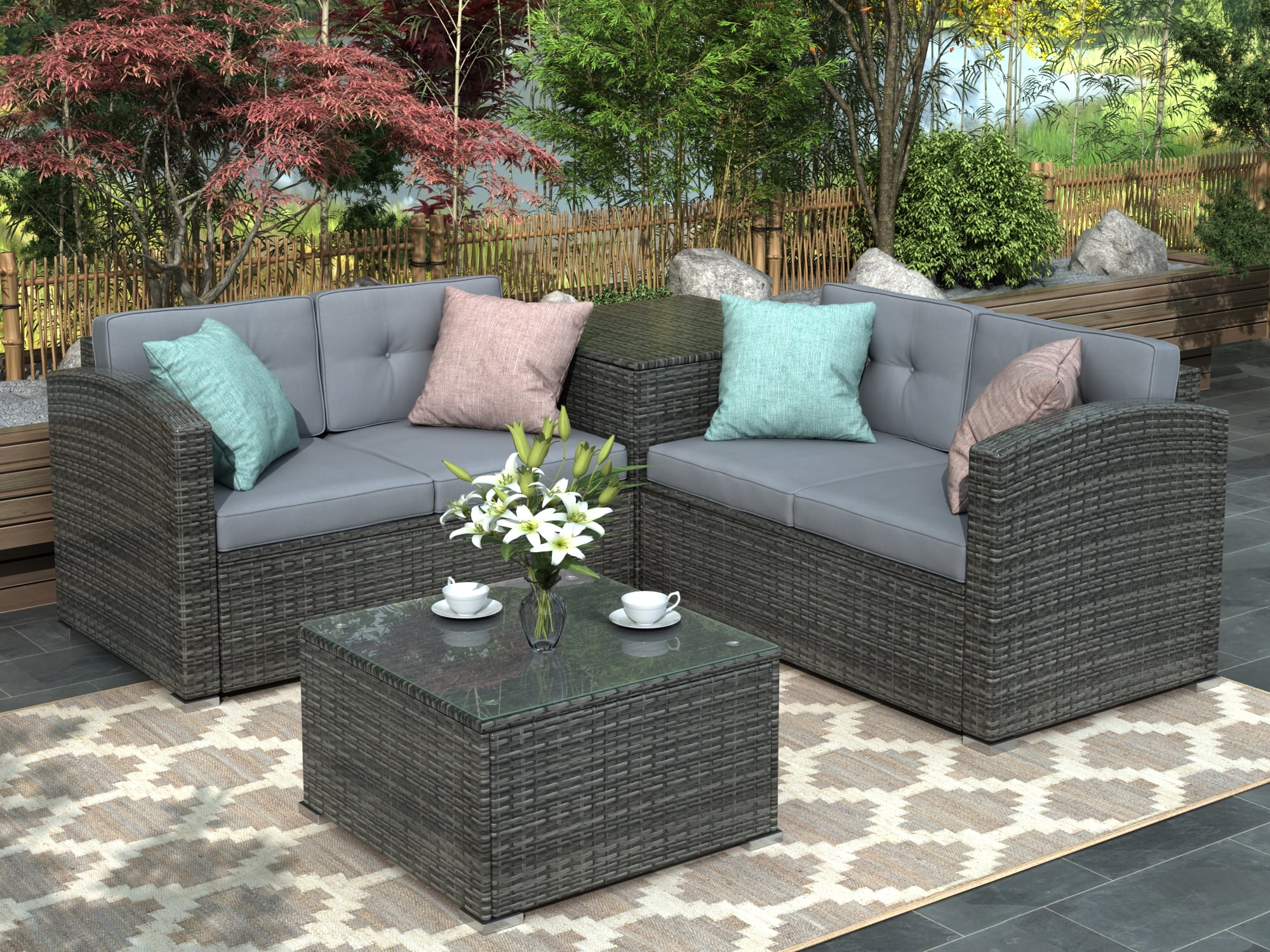 4 Piece Patio Furniture Set, AllWeather Outdoor Sectional Sofa Set, PE
