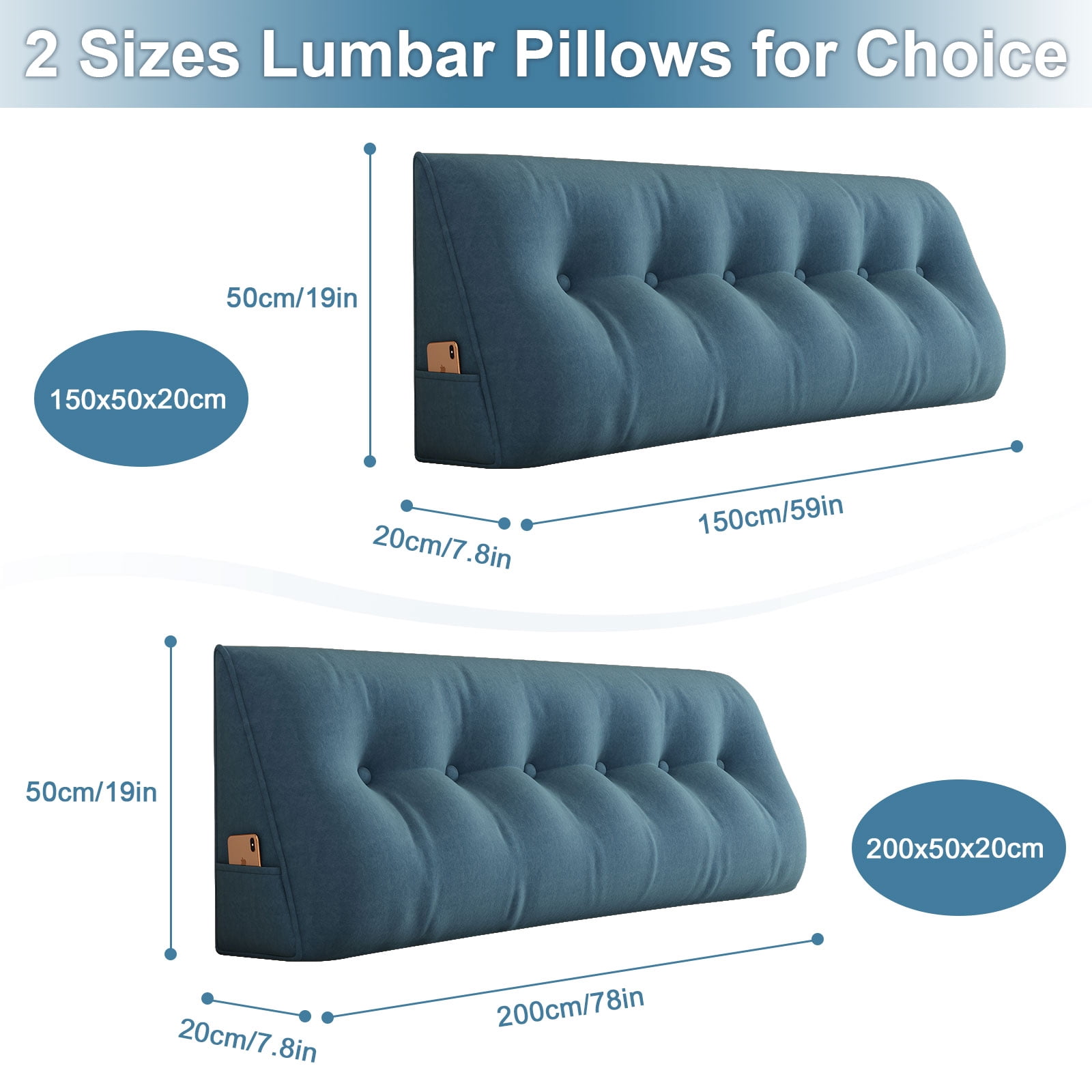 Headboard Wedge King Triangular Bed Pillow for Headboard Bolster Pillow with Removable Cover, Daybed Bunk Bed Pillows for Sitting up, Reading or Working in Bed, Blue