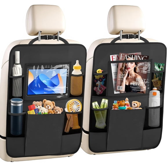 EkhShop 2 Pack Backseat Organizer with Tablet Holder – 6 Pocket Kick Mats & Seat Protectors, Travel Essentials for Kids