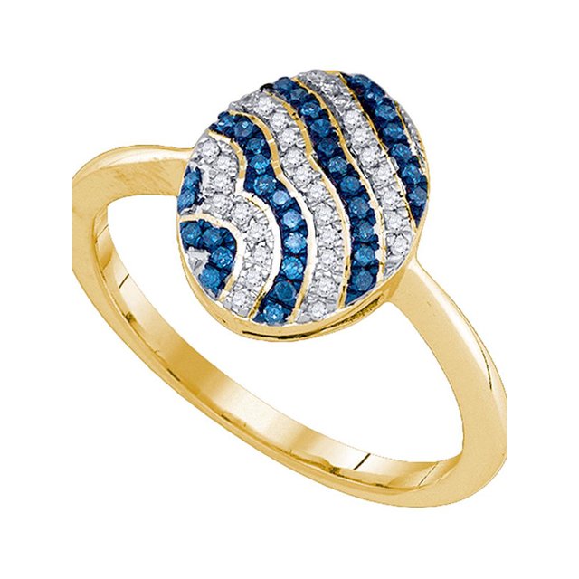 10kt Yellow Gold Womens Round Blue Color Enhanced Diamond Striped Cluster Ring 1/6 Cttw