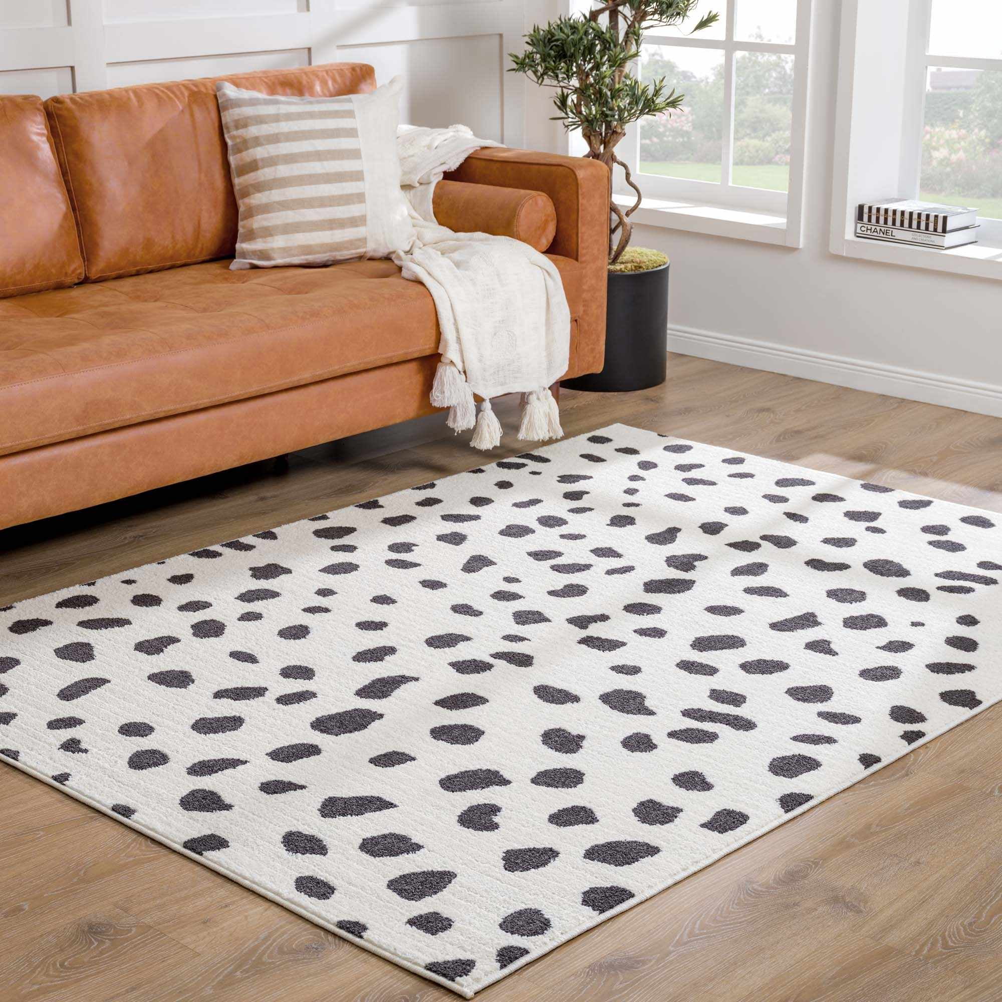 Hauteloom Tariffville Modern Animal Print Dalmatian Style Area Rug for Living Room, Bedroom, Kids Room, Nursery - High Pile Carpet - Black and White, Charcoal - 2'7" x 7'3" (2x8)
