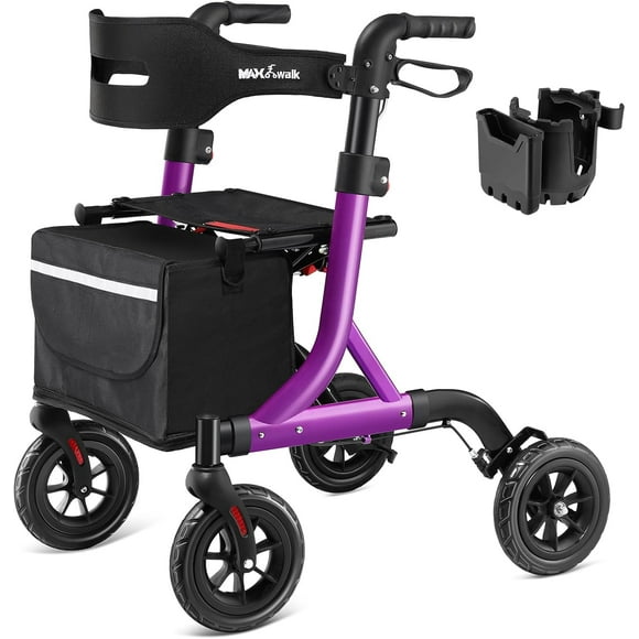 Walkers for Seniors, Rollator Walker with Seat, 8" Rubber Wheels All Terrain Rollator Walker with Backrest, Aluminum Walkers Built-in Cable, Foldable and Adjustable Height for Seniors, Purple
