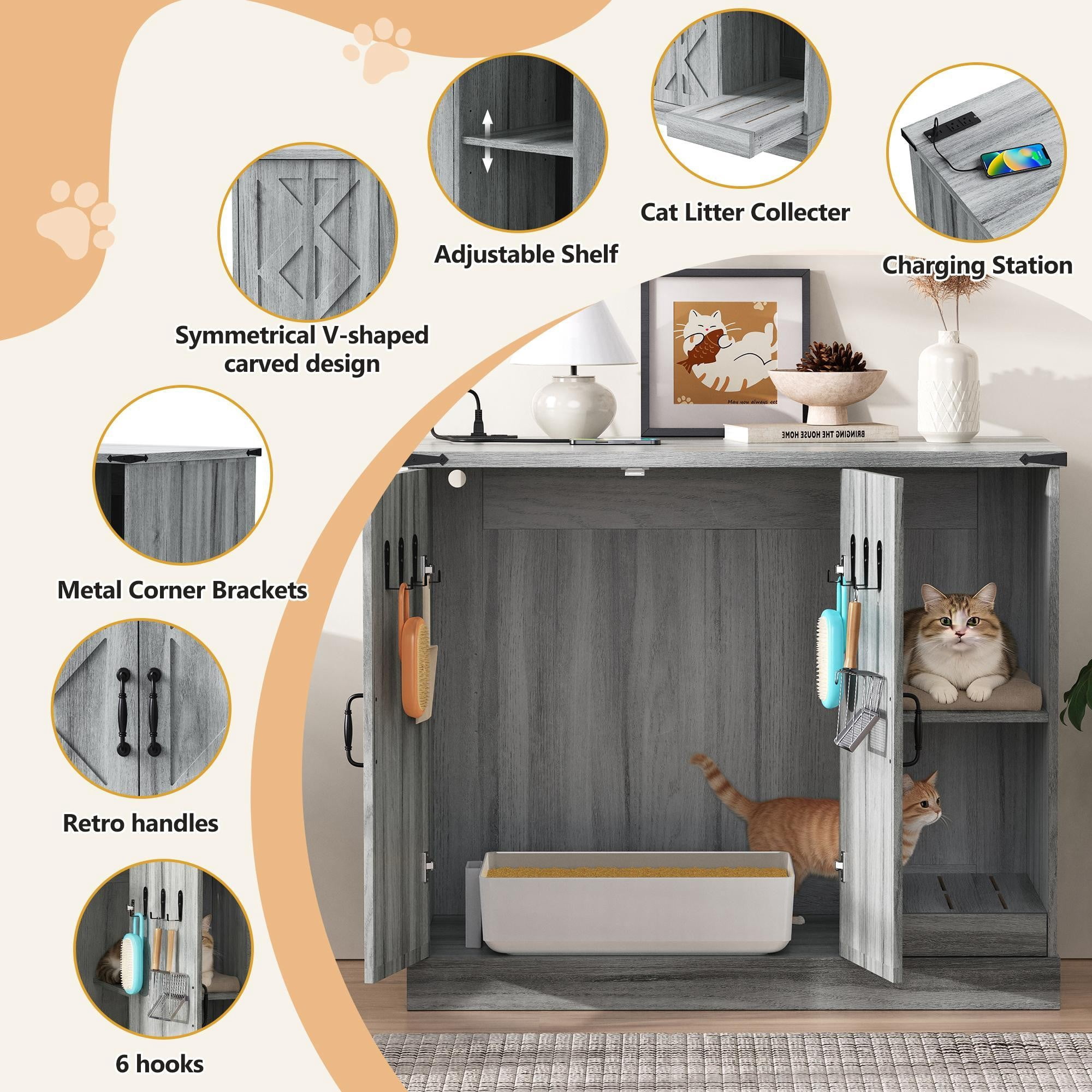 TOPCOMFY Cat Litter Box Furniture Modern Cabinet with Power Outlet Hidden Enclosure with Litter Catcher Adjustable Storage Shelves Gray for Large Automatic Litter Boxes