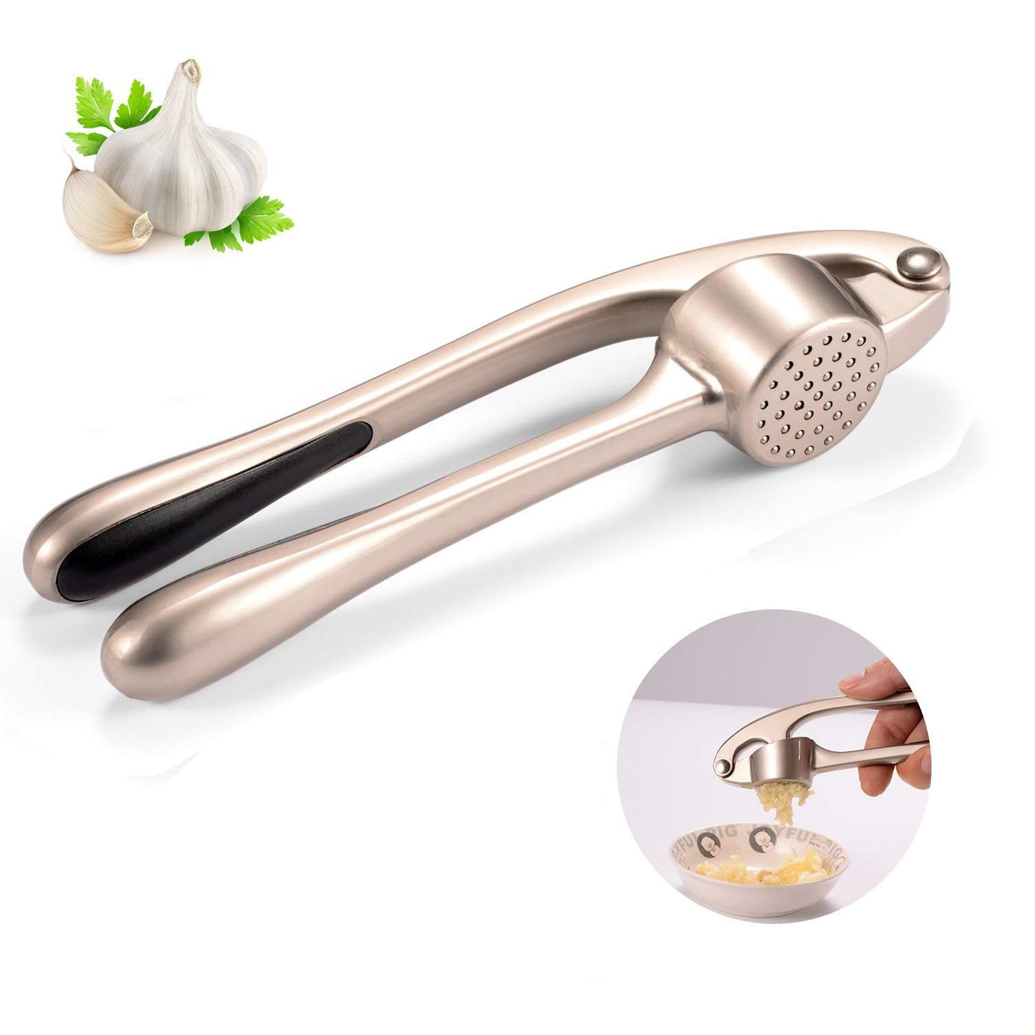 Stainless Steel Handheld Garlic Mincer Rolling Crusher Ginger Press Squeezer and Silicone Tube Garlic Peeler with Clean Brush 3 Pieces JTENGYAO Garlic Press Rocker Set