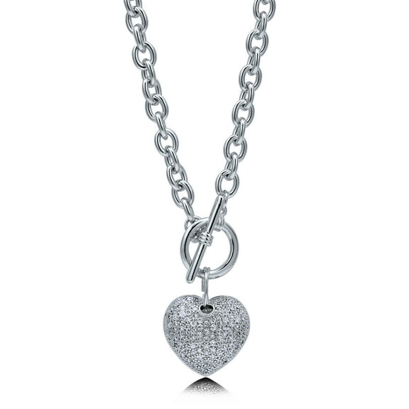 BERRICLE Heart Cubic Zirconia CZ Fashion Toggle Pendant Necklace for Women, Silver-Tone, 20 Inch