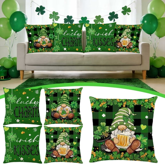 KOYPTL St.Patrick's Day Decorations Pillow Covers 18 x 18 Inch Green Shamrock Heart Lucky Charm Buffalo Plaid Pillow Cases for Home Sofa Couch Cushion Decor(1PC)