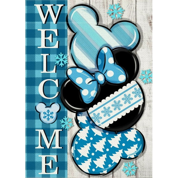 Welcome Winter Cartoon Mouse Decorative Garden Flag, Blue Plaid Check Snowflake Farmhouse Yard Outside Decorations, Seasonal Christmas Holiday Outdoor Small Home Decor Double Sided 12 x 18