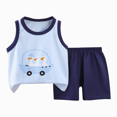 KPOPLK Summer Boys 2 Piece Outfits Toddler Boys Casual Clothing Set Children s Summer Printing Comfortable Short Round-Neck Tank Sets For Kids(3-6 Months Light Blue)