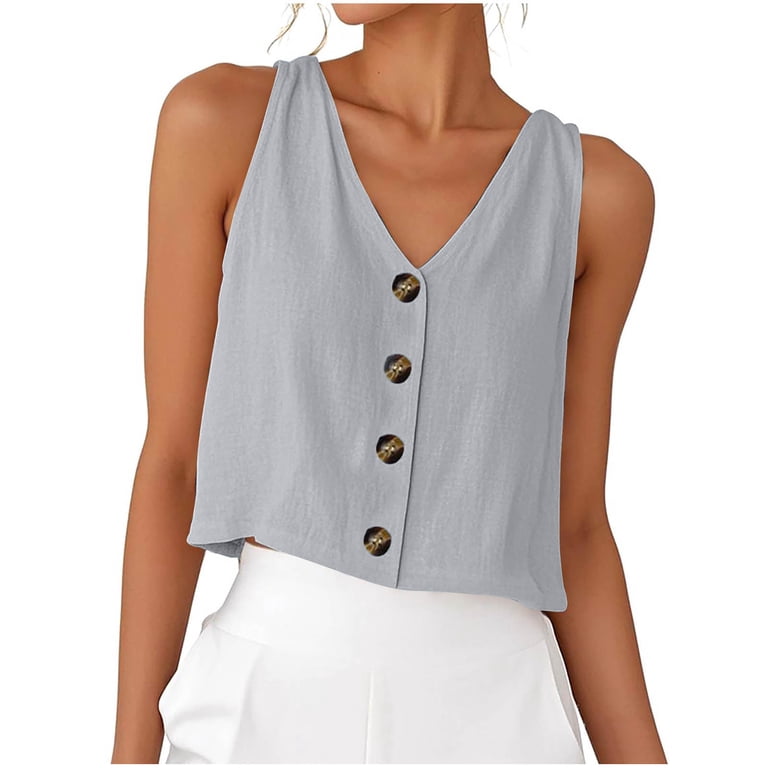 Dazajoo Womens Linen Crop Tank Tops Cute Summer Sleeveless Cotton