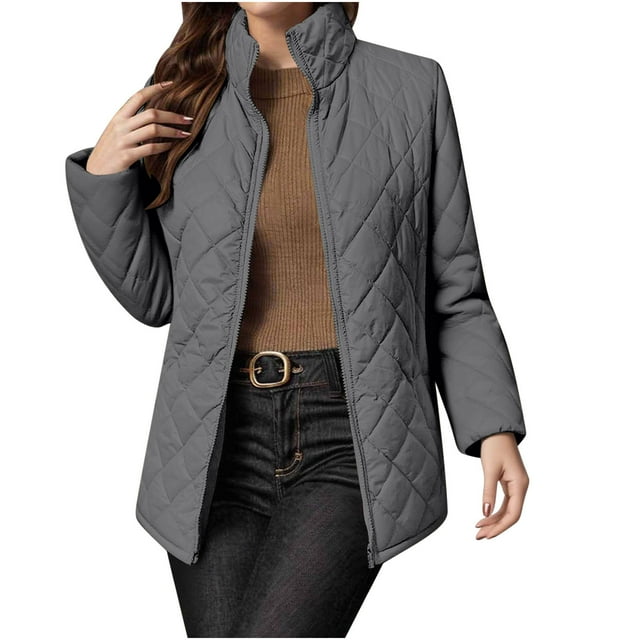 Gpaecead Quilted Jackets Women's Solid Long Sleeved Standing Collar Pocket Long Jacket