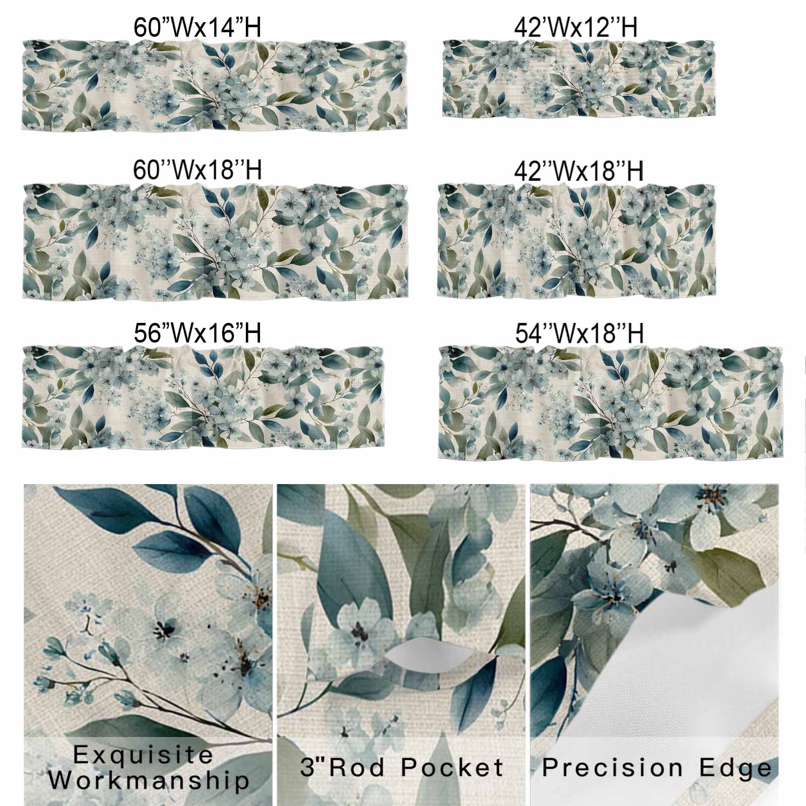 Blue Flower Window Valance for Kitchen, Watercolor Spring Blue Floral Green Leaf Botanical Linen Texture Rod Pocket Short Curtain for Small Windows, Light Filtering Decorative Valance, 60 x 18 Inch