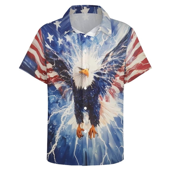 GHUALURU Men's Patriotic Hawaiian Shirt, American Flag Bald Eagle Short Sleeve Button Down Casual Summer Shirt,Multi1,XL