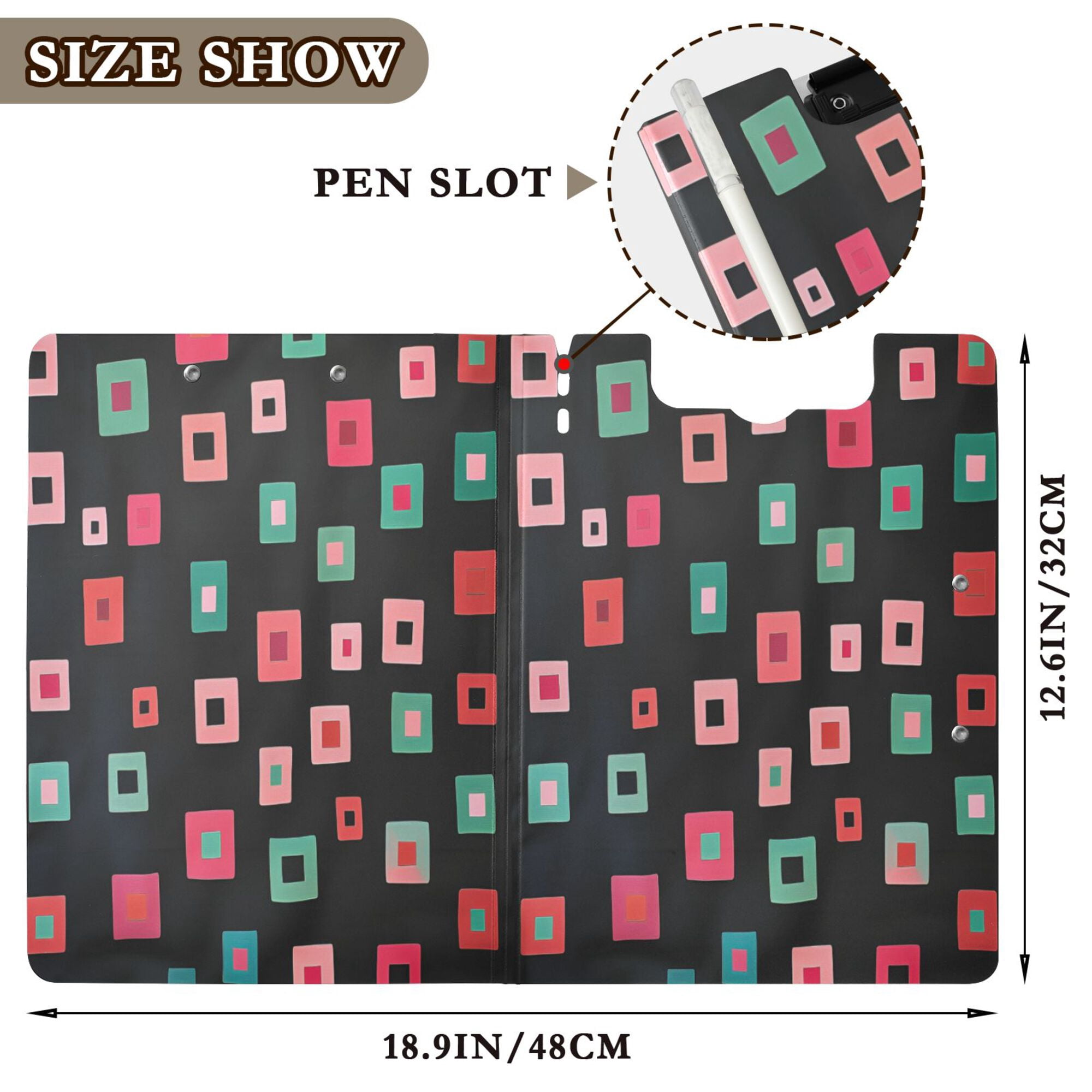 FORMRS A4 Clipboard Folder with Pen Holder Horizontal Foldable School Office Binder, Red Block Pattern