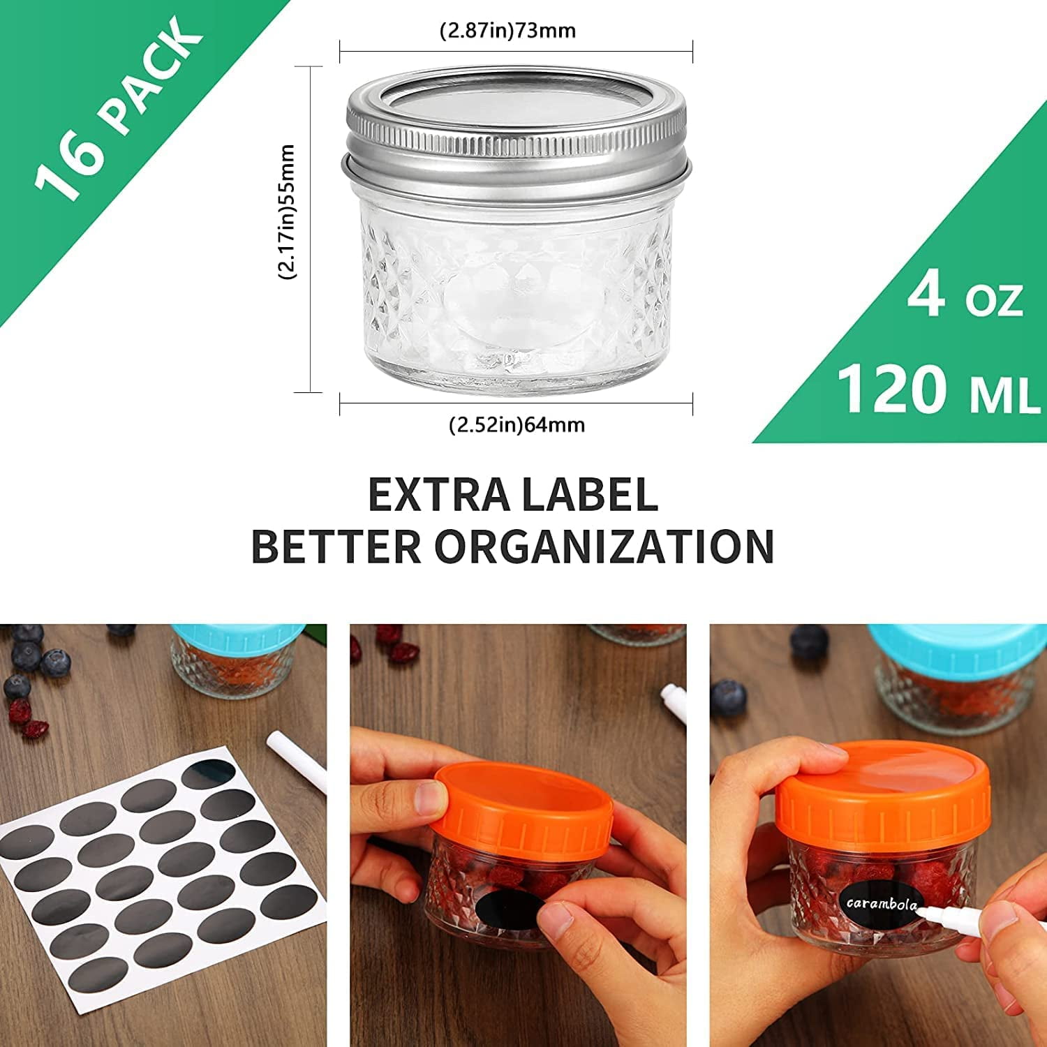 16 Pcs 4oz Clear Glass Mini Mason Jars, Small Canning Jars Spice Jars for Honey, Jam, Jelly, Wedding Favors, Kitchen Food Storage