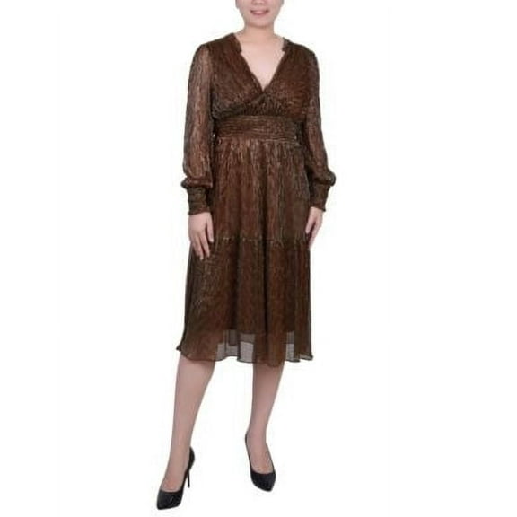 Ny Collection Petite Long Sleeve Plisse Mesh Dress - Bronze, Small