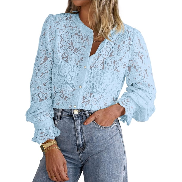 Blusa de Mujer PRETTYGARDEN de Encaje Manga Larga con Botones M